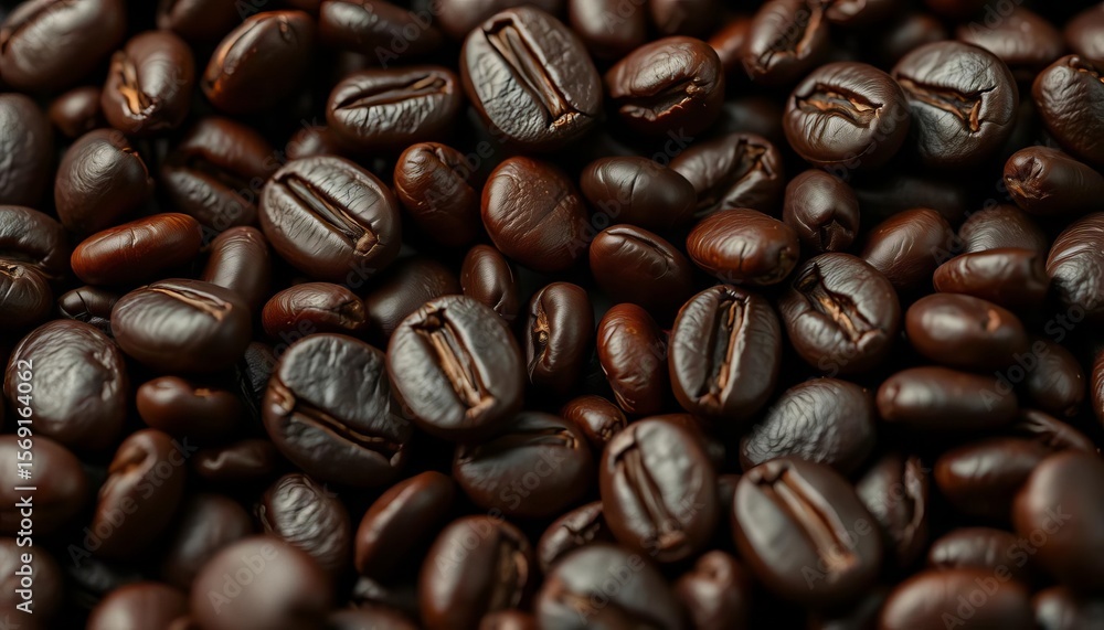 Fototapeta premium Dark, glistening roasted coffee beans close-up, breakfast, roasted