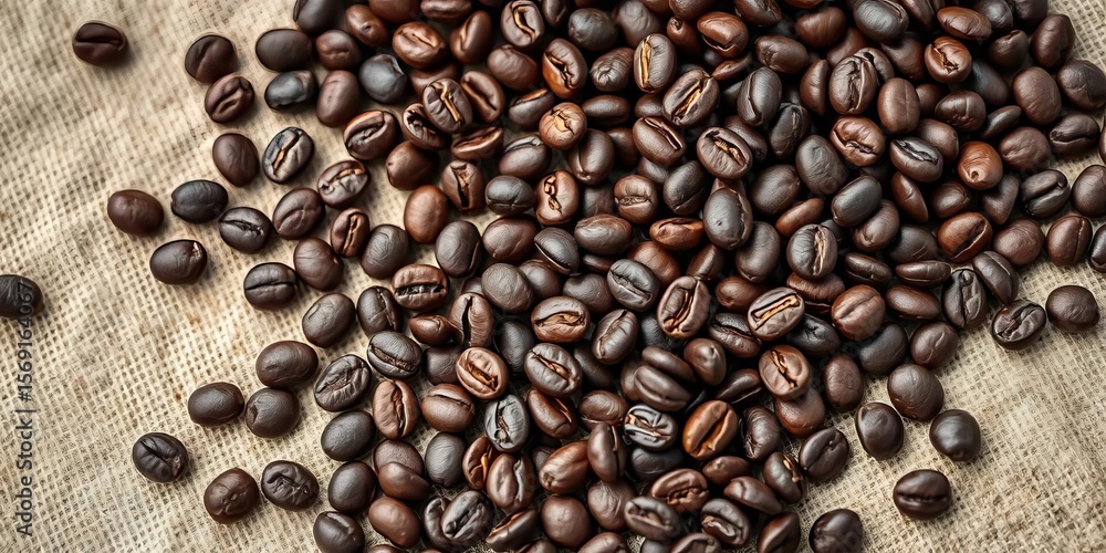Obraz premium Dark roasted coffee beans scattered on aged linen, close-up, light roast, grind
