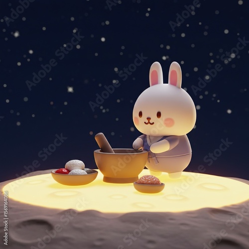 Chuseok Moon Rabbit Illustration | Cute Rabbits Making Rice Cake on the Moon