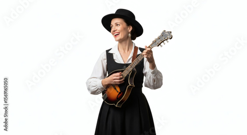 An isolated high-key photograph of a female artist performing with a stringed mandolin