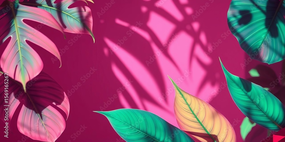 Fototapeta premium Pastel tropical leaves, duotone backlight shadow, abstract design, tone, foliage