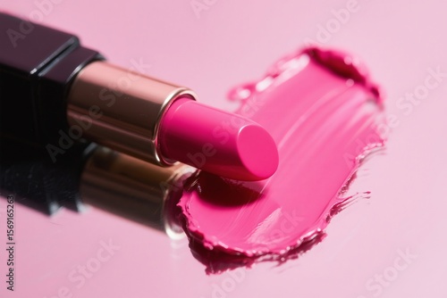 Close-up of two pink lipsticks with a smear of lipstick on a pink surface.