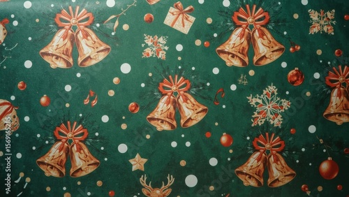 Pattern of vintage golden bells green Christmas wrapping paper holiday