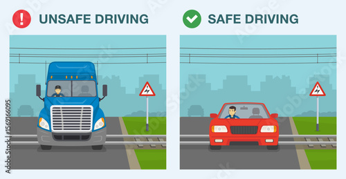 Safe driving tips and traffic regulation rules. Safe and unsafe driving. Truck get caught on the power lines at level crossing. Front view. Flat vector illustration template.