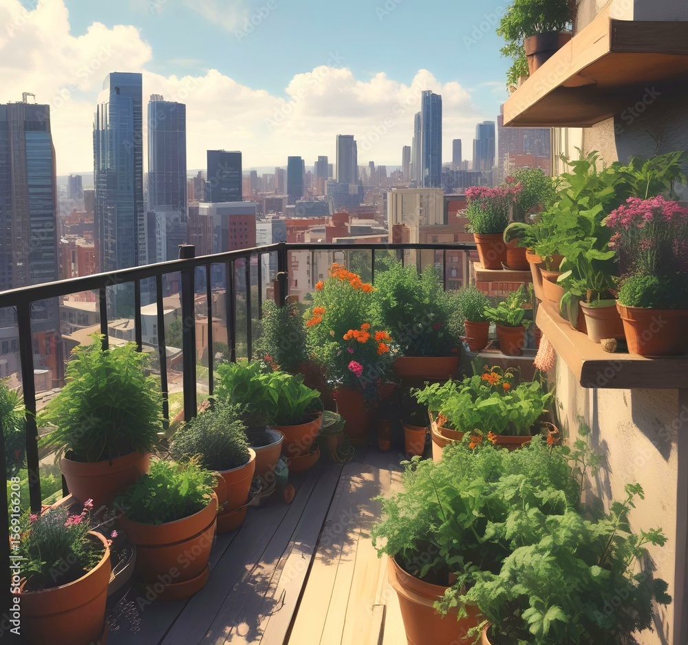 Fototapeta premium A small urban garden on a balcony, with herbs, vegetables, and flowers in pots, showcasing sustainable city living.