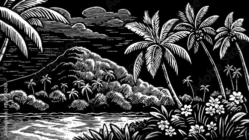Tropical island mountain covered in palm trees, banana leaves, and coastal vegetation vector a black and white line art illustration