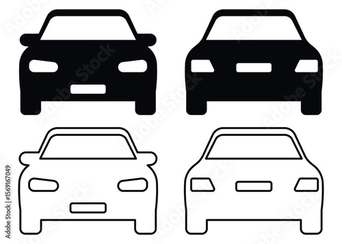 Set of vector icons showing front and rear view of cars in black solid and outline styles. Car front rear icons. Vehicle front and back. Auto silhouette vector. Car icon set. Front and back car view.
