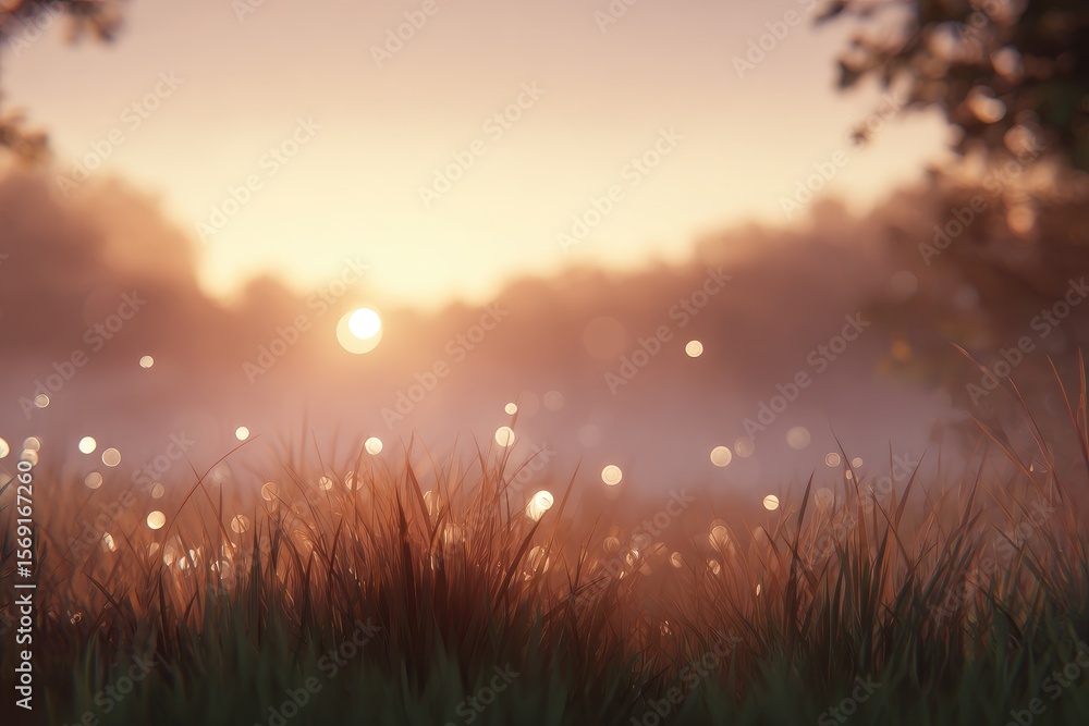 Fototapeta premium Sunrise mist over grassy field