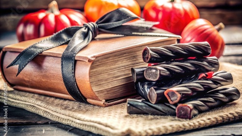 Vintage book with Halloween sweets and pumpkins on wooden table  