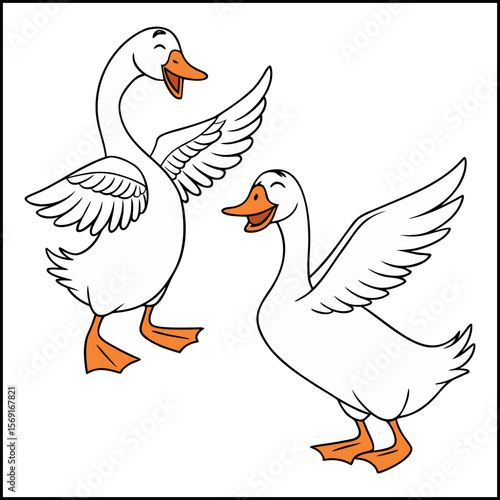 Cheerful cartoon duck with a green head stands smiling with its beak open