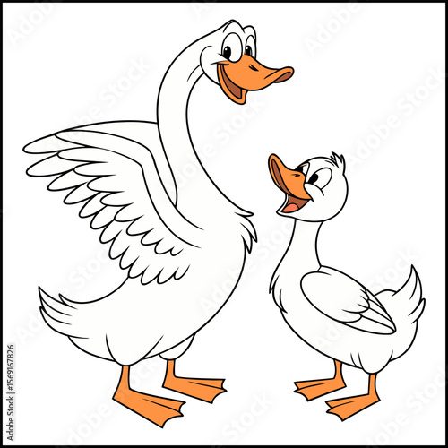 Cheerful cartoon duck with a green head stands smiling with its beak open