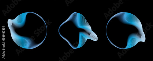 Set of glowing neon color circles round curve shape with wavy dynamic lines isolated on black background technology concept. Circular light frame border. eps 10
