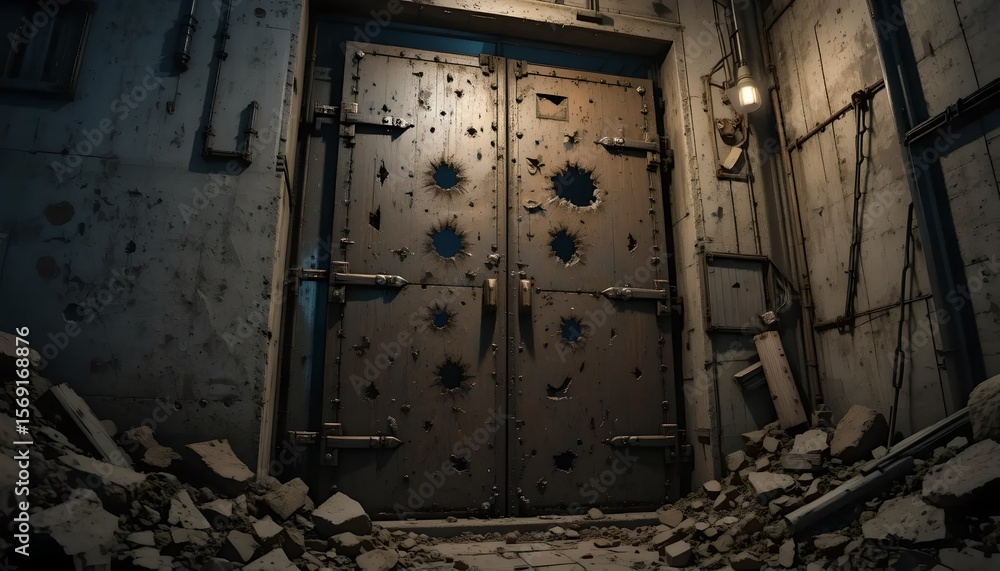 Post-Apocalyptic Scene: Bullet-Scarred Metal Door in Crumbling Ruins Post-Apocalyptic Scene: Bullet-Scarred Metal Door in Crumbling Ruins
