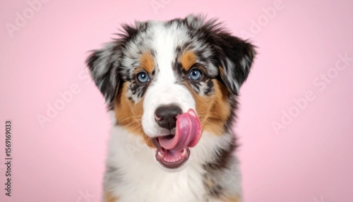 Playful australian shepherd puppy licking its nose studio pet photography pink background close-up fun and adorable