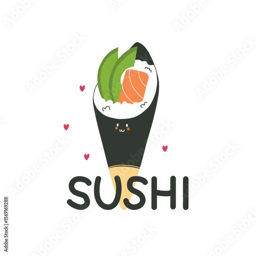 Temaki. Asian food. Kawaii character mascot. Salmon and rice with avocado wrapped in seaweed. Snack Japanese cuisine. sushi roll, vector cartoon flat style isolated illustration