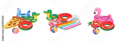 Cartoon inflatable toys. Colorful swimming rings and mattress, rubber water summer pool funny swimming accessories, flamingo, pizza and ball, watermelon and donut, vector flat isolated gradient set