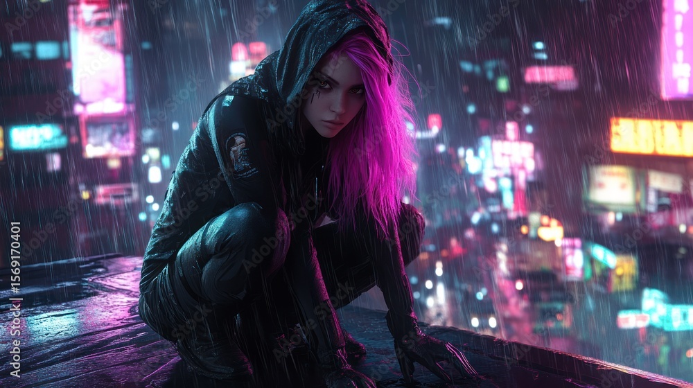 Rainy night cyberpunk girl on a rooftop Rainy night cyberpunk girl on a rooftop