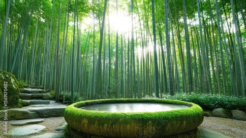 Fototapeta Naklejka Na Ścianę i Meble -  Lush bamboo forest with mossy stone basin