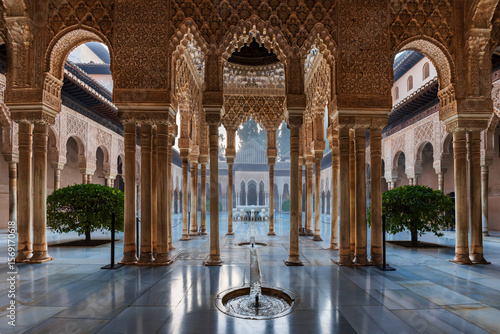 Columns with Arabic decorations in the Nasrid Palace of the Lions, with the famous fountain in the Patio de los Leones in the background, Granada, Andalusia.