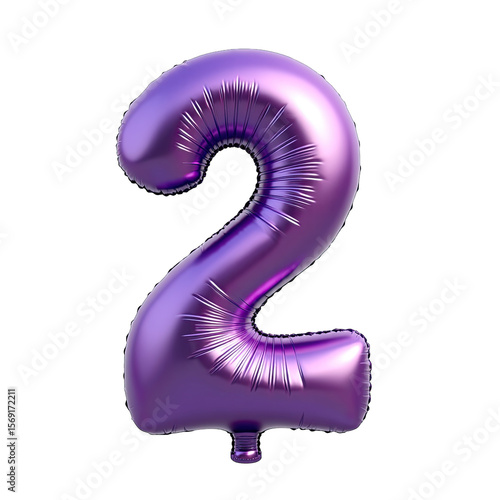 A shiny purple metallic number two isolated on transparent background
