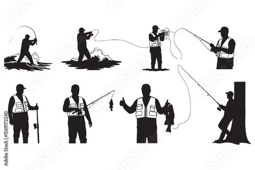 Silhouette Collection of Fisherman Engaging in Various Fishing Activities