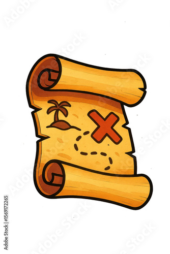 Vibrant illustration of an old rolled treasure map with a palm tree island, dotted path, and a red X marking the hidden spot, perfect for adventure and discovery themes.