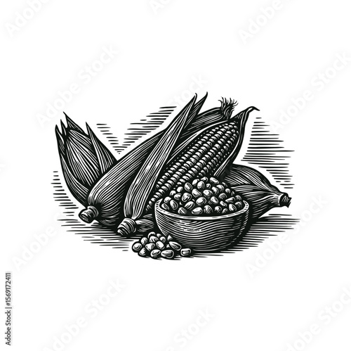 Woodcut-style vector illustration of corn cobs with husks and a bowl full of kernels. Black and white engraving texture, perfect for labels, packaging, farming posters, and vintage-themed designs.