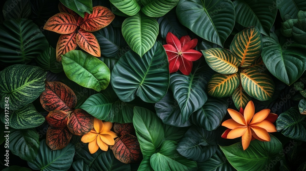 Naklejka premium A vibrant mix of tropical leaves in greens and bright colors forms a stunning natural tapestry