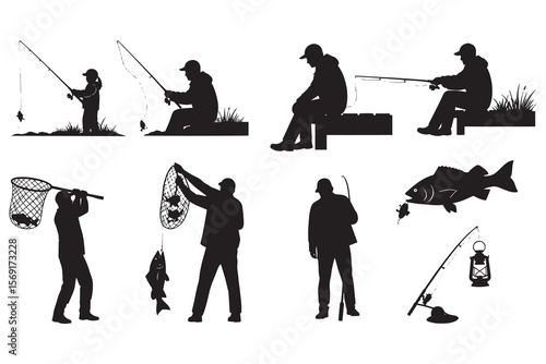 Silhouette Collection of Fisherman Engaging in Various Fishing Activities