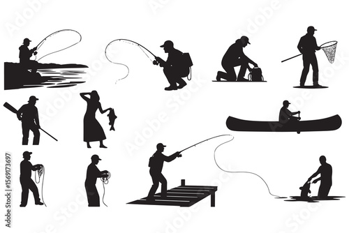 Silhouette Collection of Fisherman Engaging in Various Fishing Activities