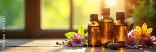 Wallpaper Mural Calming Spa Scene Essential Oils, Dried Flowers, and Sunlight Streaming Through Window Torontodigital.ca