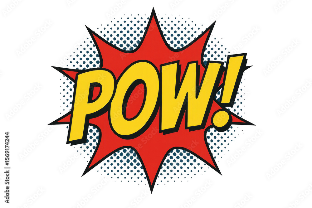 Fototapeta premium POW! comic book style explosion graphic. This vibrant pop art illustration features a dynamic sound effect with retro halftone dots and horizontal motion lines, perfect for action-packed designs.