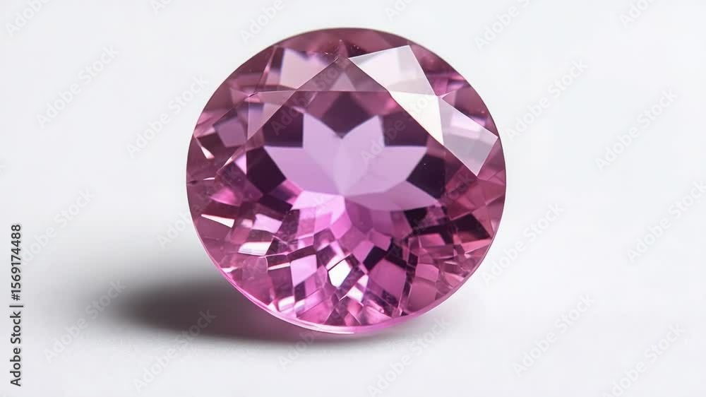 A close-up shot of a bright pink diamond on a white surface A close-up shot of a bright pink diamond on a white surface