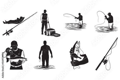 Silhouette Collection of Fisherman Engaging in Various Fishing Activities