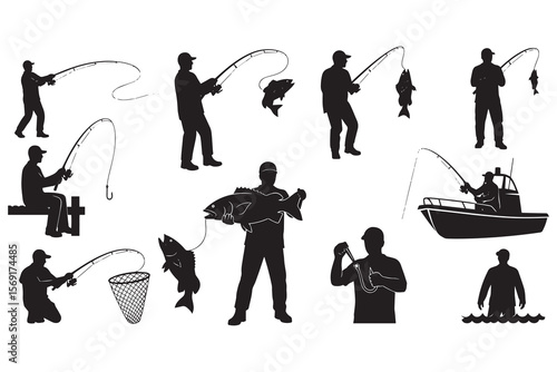Silhouette Collection of Fisherman Engaging in Various Fishing Activities
