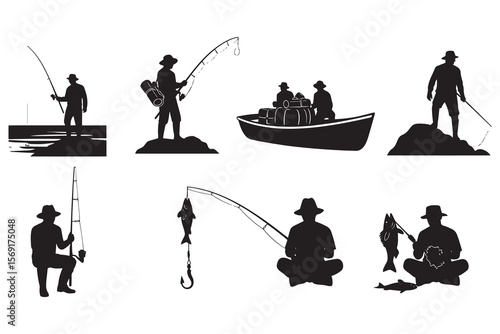 Silhouette Collection of Fisherman Engaging in Various Fishing Activities