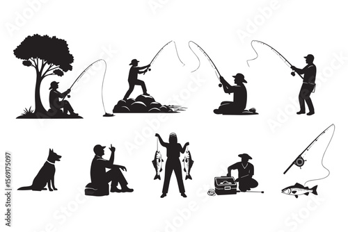 Silhouette Collection of Fisherman Engaging in Various Fishing Activities