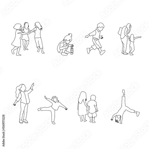 Sat of 8 linear outline silhouettes of children playing, dancing, and exploring, perfect for educational infographics, playground planning, child development materials, and creative design projects.
