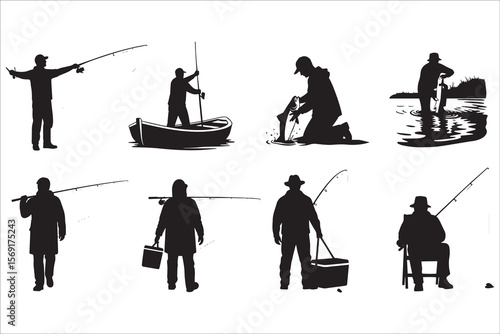 Silhouette Collection of Fisherman Engaging in Various Fishing Activities