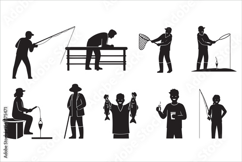 Silhouette Collection of Fisherman Engaging in Various Fishing Activities
