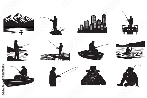 Silhouette Collection of Fisherman Engaging in Various Fishing Activities