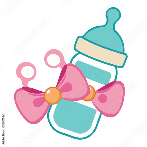 A cute baby bottle with a bow and a pacifier, a symbol of baby life, feeding, and a new baby.