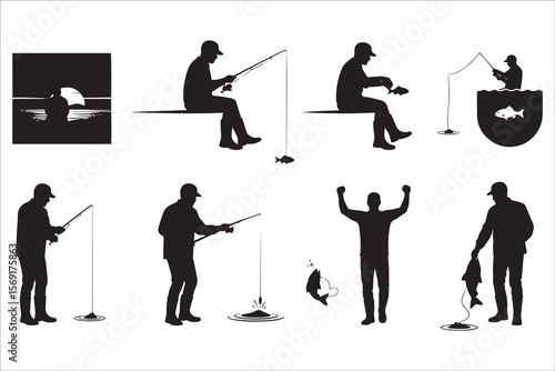 Silhouette Collection of Fisherman Engaging in Various Fishing Activities