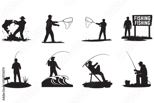 Silhouette Collection of Fisherman Engaging in Various Fishing Activities