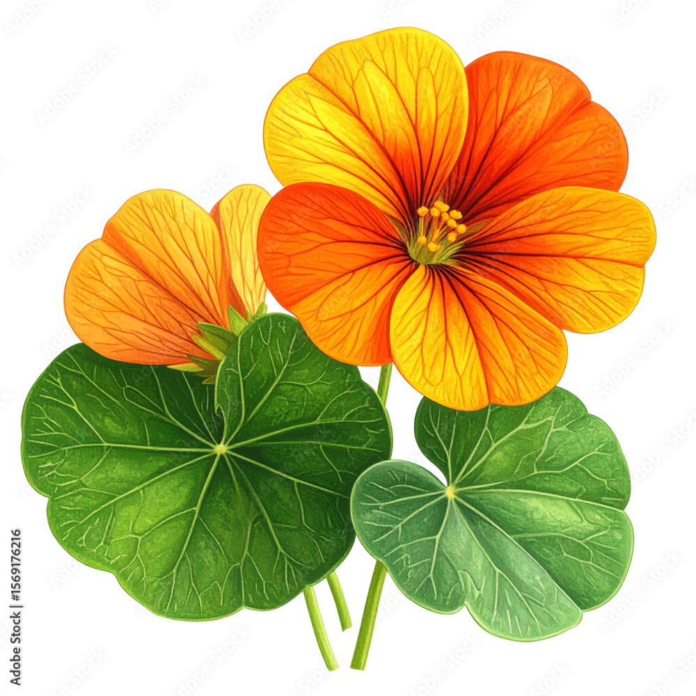 Fototapeta premium Orange and Yellow Flowers with Green Leaves