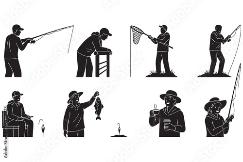 Silhouette Collection of Fisherman Engaging in Various Fishing Activities