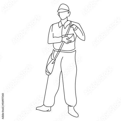 One continuous line drawing of office staff with a bag, Vector illustration of a man with a bag, young foreman manager controlling the construction of building, post man line icon. 