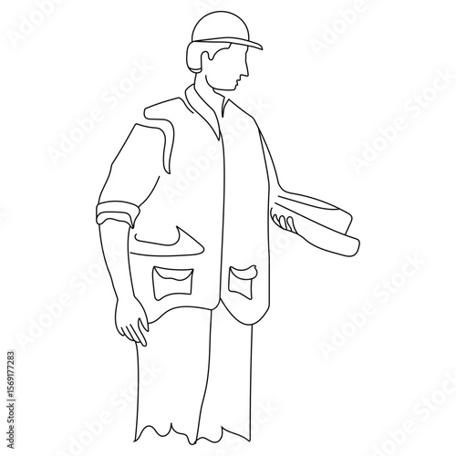 One continuous line drawing of young architect holding roll papers, young foreman manager controlling the construction of building. Building architecture business man line art concept. Sketch of a man