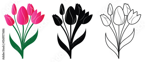 Tulip flowers vector icon set. Set of tulip silhouette icons and flower symbol. Vector illustration.