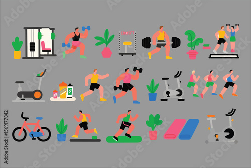 Diverse group of people engaged in various fitness activities and exercises with gym equipment and plants in a flat design style